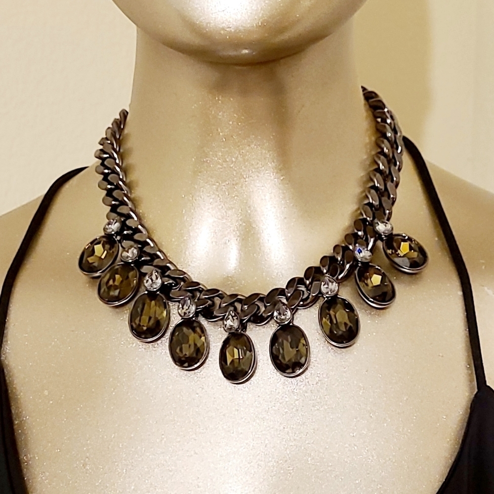 Signed Givenchy Gunmetal Large Link Chain Crystal Collar Necklace